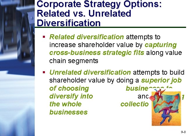 Corporate Strategy Options: Related vs. Unrelated Diversification § Related diversification attempts to increase shareholder