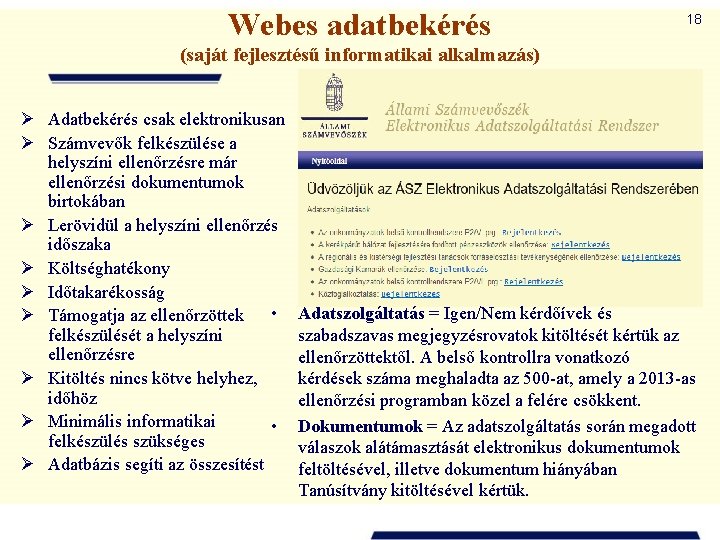 Webes adatbekérés 18 (saját fejlesztésű informatikai alkalmazás) Ø Adatbekérés csak elektronikusan Ø Számvevők felkészülése