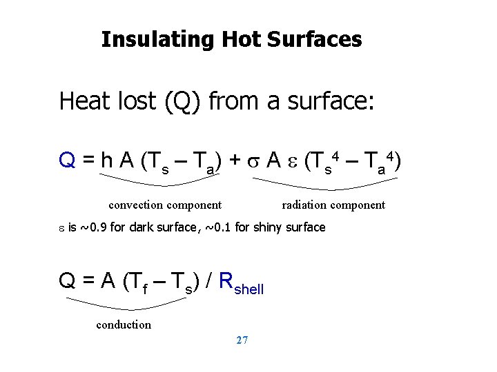 Insulating Hot Surfaces Heat lost (Q) from a surface: Q = h A (Ts