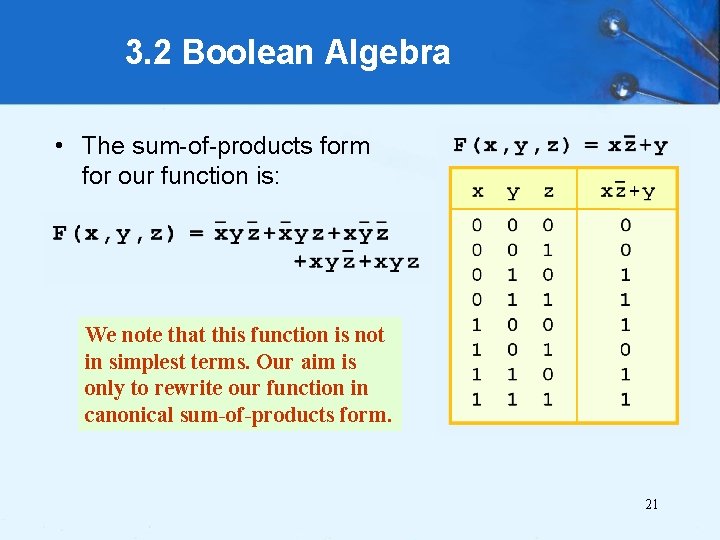 3. 2 Boolean Algebra • The sum-of-products form for our function is: We note