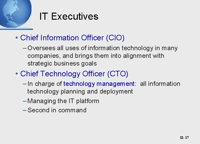 IT Executives • Chief Information Officer (CIO) – Oversees all uses of information technology