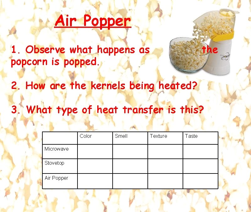 Air Popper 1. Observe what happens as popcorn is popped. the 2. How are