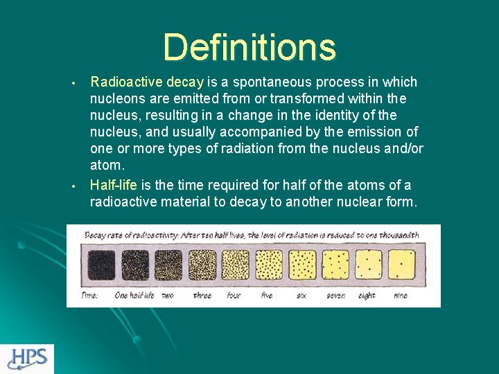 Definitions • • Radioactive decay is a spontaneous process in which nucleons are emitted