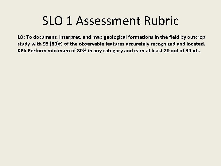 SLO 1 Assessment Rubric LO: To document, interpret, and map geological formations in the