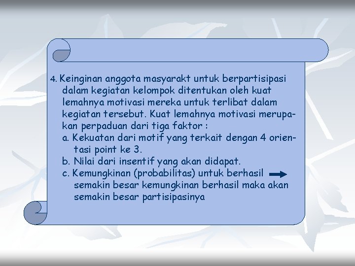 4. Keinginan anggota masyarakt untuk berpartisipasi dalam kegiatan kelompok ditentukan oleh kuat lemahnya motivasi