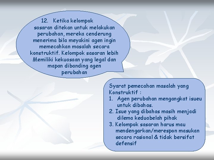 12. Ketika kelompok sasaran ditekan untuk melakukan perubahan, mereka cenderung menerima bila meyakini agen