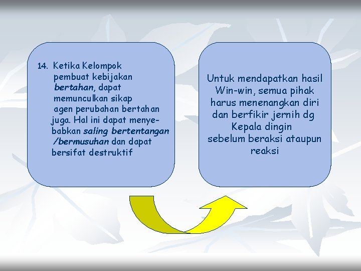 14. Ketika Kelompok pembuat kebijakan bertahan, dapat memunculkan sikap agen perubahan bertahan juga. Hal