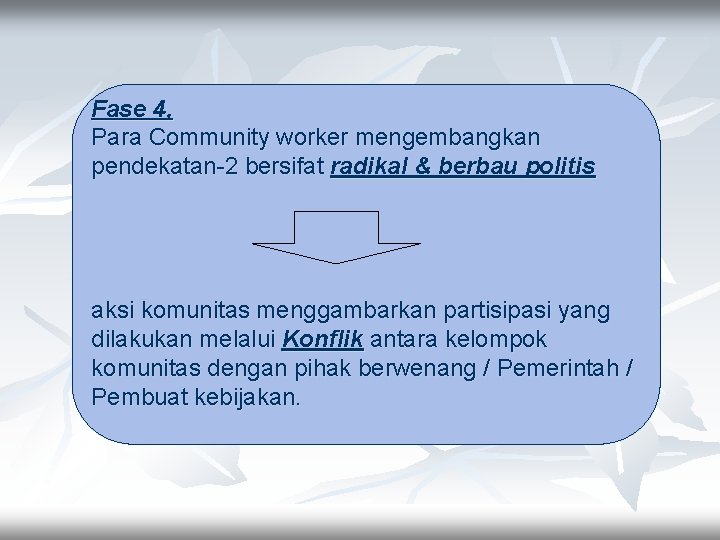 Fase 4, Para Community worker mengembangkan pendekatan-2 bersifat radikal & berbau politis aksi komunitas