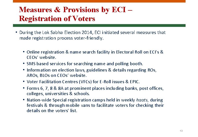 Measures & Provisions by ECI – Registration of Voters • During the Lok Sabha