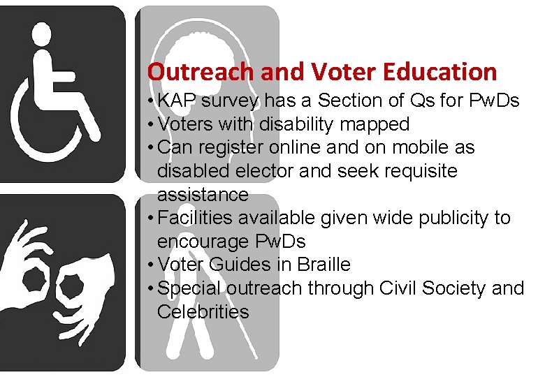 Outreach and Voter Education • KAP survey has a Section of Qs for Pw.