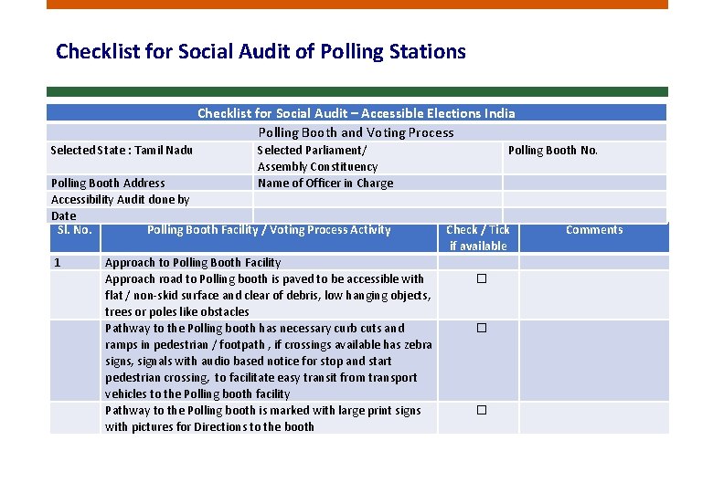 Checklist for Social Audit of Polling Stations Checklist for Social Audit – Accessible Elections