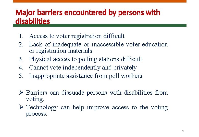 Major barriers encountered by persons with disabilities 1. Access to voter registration difficult 2.