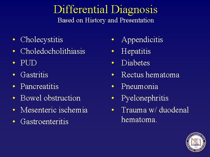 Differential Diagnosis Based on History and Presentation • • Cholecystitis Choledocholithiasis PUD Gastritis Pancreatitis