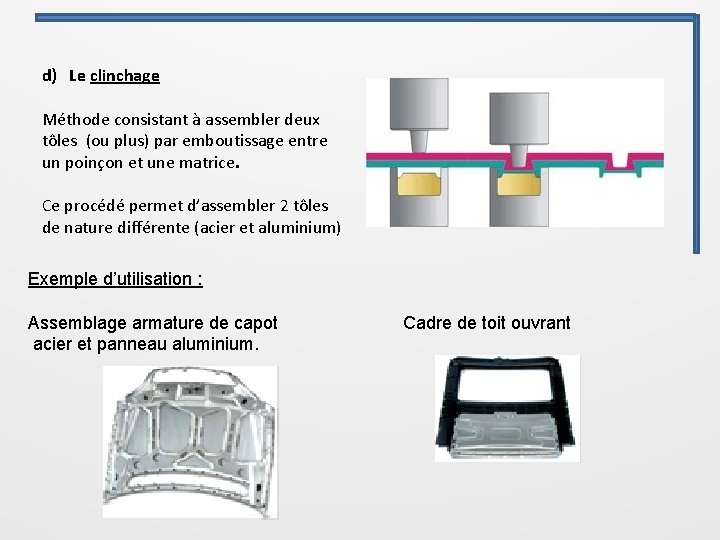  d) Le clinchage Méthode consistant à assembler deux tôles (ou plus) par emboutissage