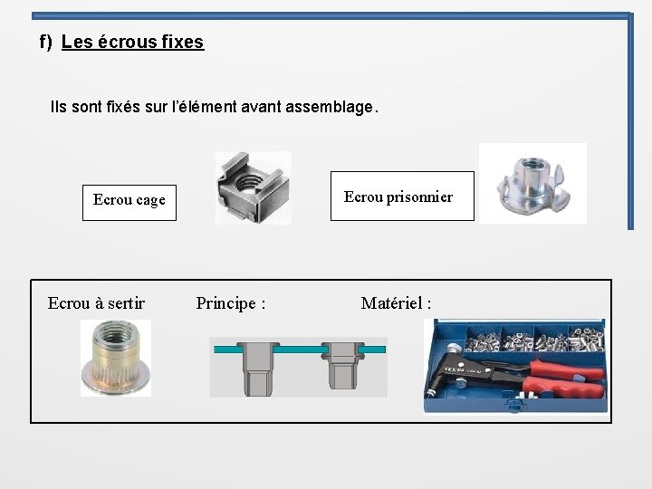 f) Les écrous fixes Ils sont fixés sur l’élément avant assemblage. Ecrou cage Ecrou