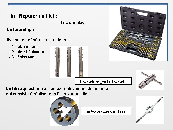 h) Réparer un filet : Lecture élève Le taraudage Ils sont en général en