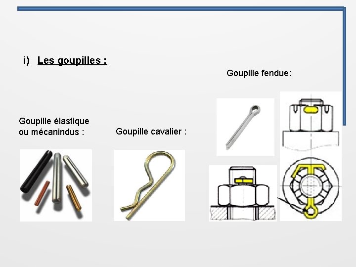 i) Les goupilles : Goupille fendue: Goupille élastique ou mécanindus : Goupille cavalier :