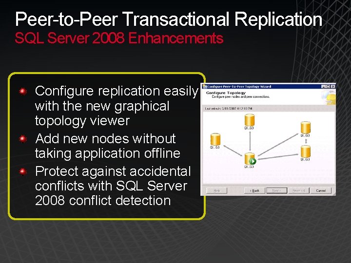 Peer-to-Peer Transactional Replication SQL Server 2008 Enhancements Configure replication easily with the new graphical