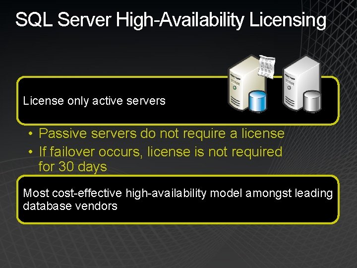 SQL Server High-Availability Licensing License only active servers • Passive servers do not require