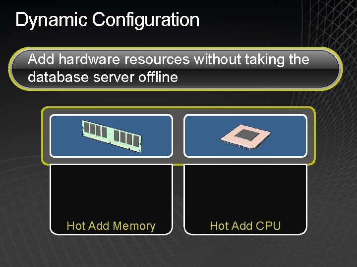 Dynamic Configuration Add hardware resources without taking the database server offline Hot Add Memory