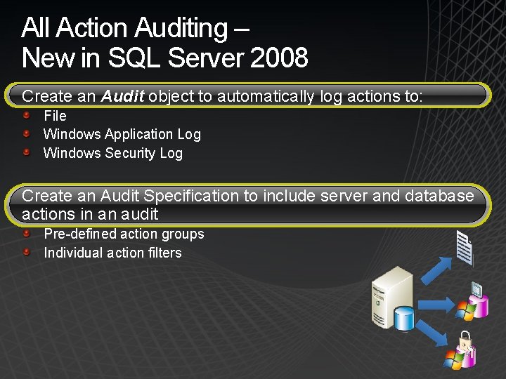 All Action Auditing – New in SQL Server 2008 Create an Audit object to