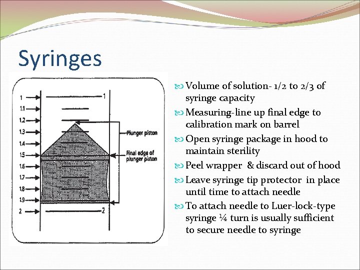 Syringes Volume of solution- 1/2 to 2/3 of syringe capacity Measuring-line up final edge