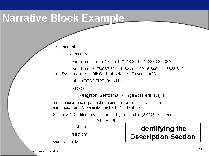 Narrative Block Example <component> <section> <id extension="a 123" root="2. 16. 840. 1. 113883. 3.