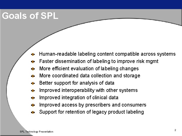 Goals of SPL Human-readable labeling content compatible across systems Faster dissemination of labeling to