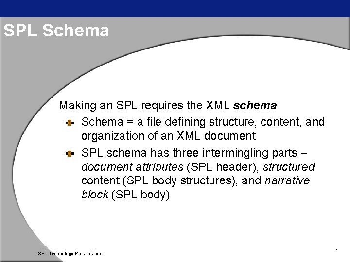 SPL Schema Making an SPL requires the XML schema Schema = a file defining