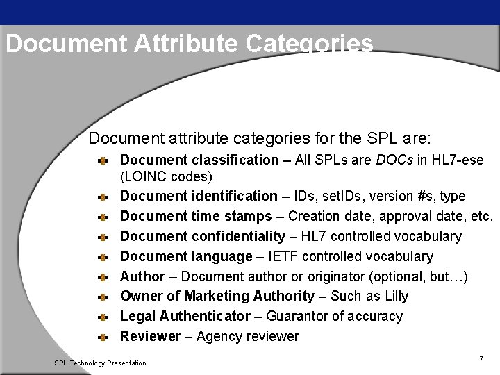 Document Attribute Categories Document attribute categories for the SPL are: Document classification – All