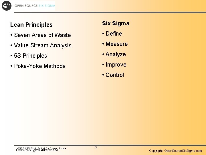 Lean Principles Six Sigma • Seven Areas of Waste • Define • Value Stream