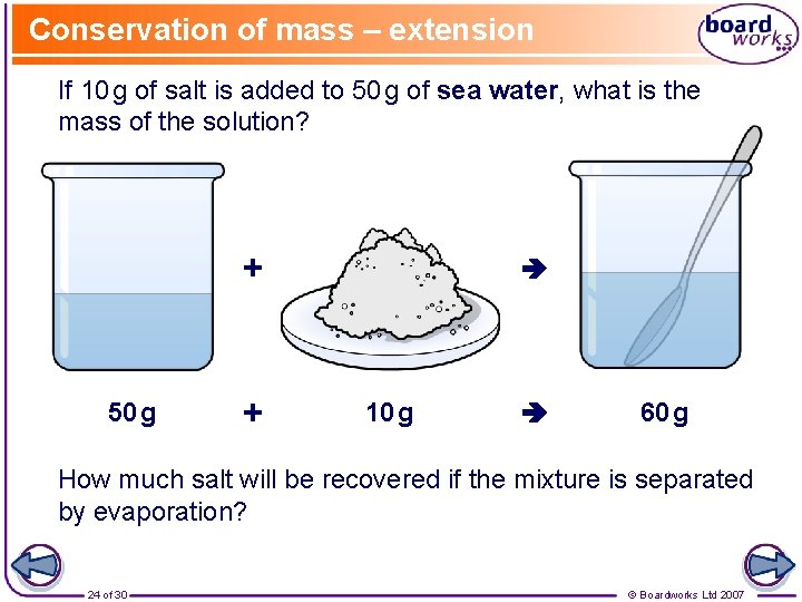 Conservation of mass – extension If 10 g of salt is added to 50