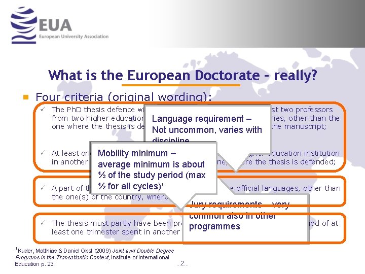 What is the European Doctorate – really? Four criteria (original wording): ü The Ph.