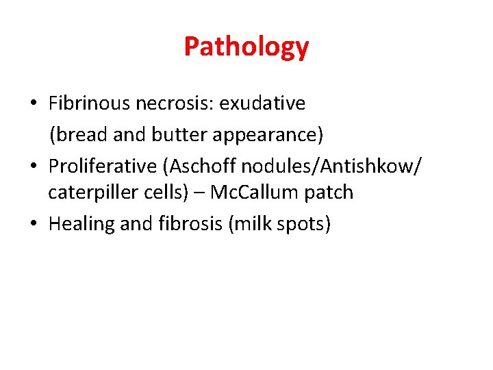 Pathology • Fibrinous necrosis: exudative (bread and butter appearance) • Proliferative (Aschoff nodules/Antishkow/ caterpiller