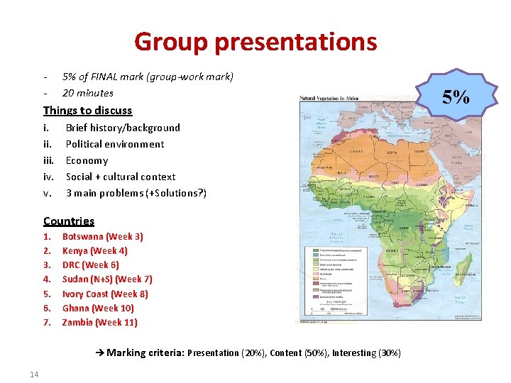 Group presentations - 5% of FINAL mark (group-work mark) 20 minutes Things to discuss