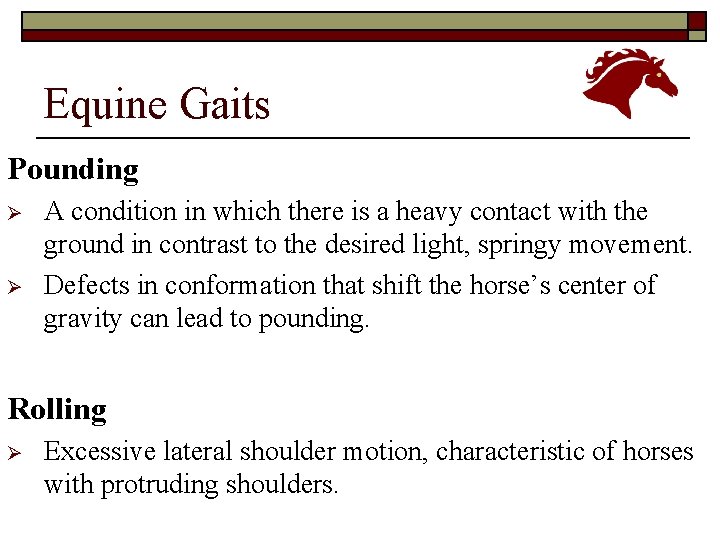 Equine Gaits Pounding Ø Ø A condition in which there is a heavy contact