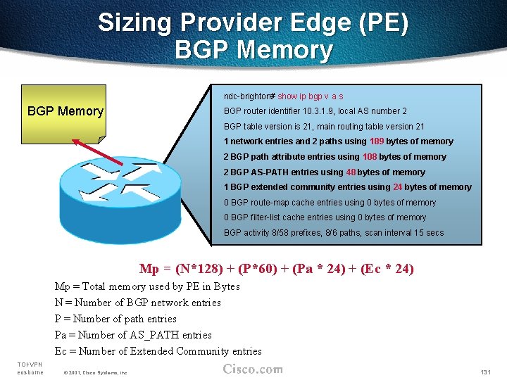 Sizing Provider Edge (PE) BGP Memory ndc-brighton# show ip bgp v a s BGP