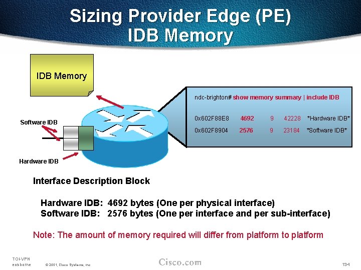 Sizing Provider Edge (PE) IDB Memory ndc-brighton# show memory summary | include IDB Software