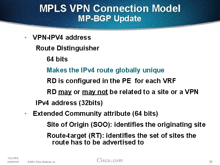 MPLS VPN Connection Model MP-BGP Update • VPN-IPV 4 address Route Distinguisher 64 bits