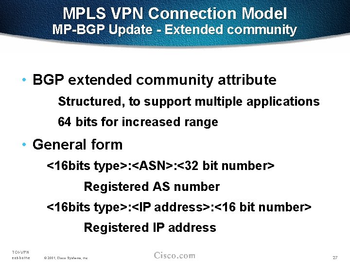 MPLS VPN Connection Model MP-BGP Update - Extended community • BGP extended community attribute