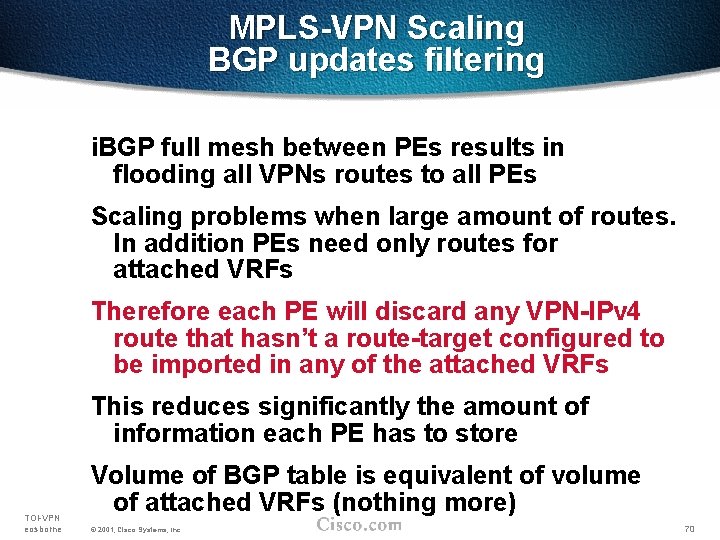 MPLS-VPN Scaling BGP updates filtering i. BGP full mesh between PEs results in flooding