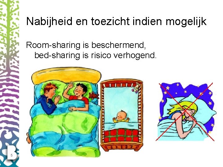 Nabijheid en toezicht indien mogelijk Room-sharing is beschermend, bed-sharing is risico verhogend. 5 