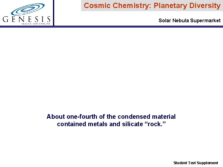 Cosmic Chemistry: Planetary Diversity Solar Nebula Supermarket About one-fourth of the condensed material contained