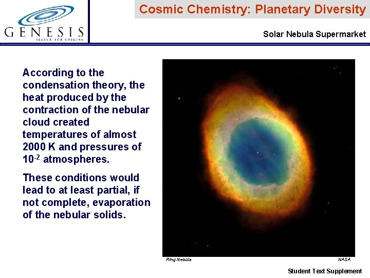 Cosmic Chemistry: Planetary Diversity Solar Nebula Supermarket According to the condensation theory, the heat