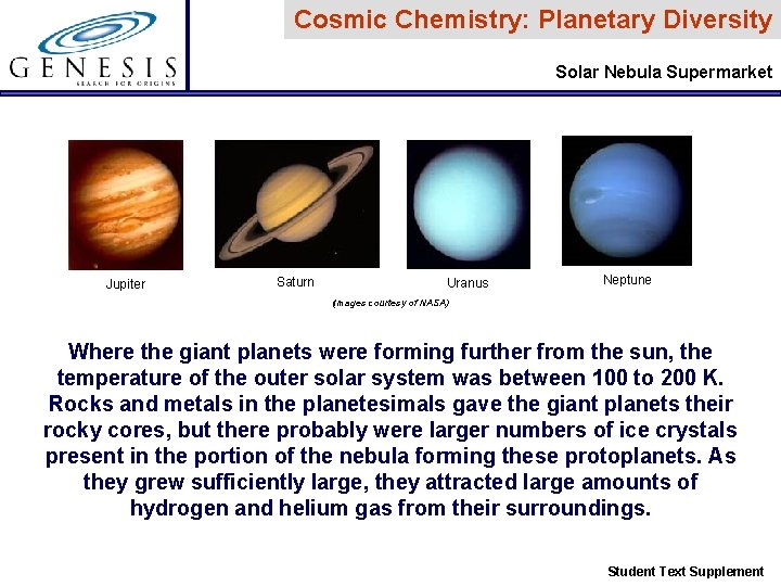 Cosmic Chemistry: Planetary Diversity Solar Nebula Supermarket Jupiter Saturn Uranus Neptune (Images courtesy of