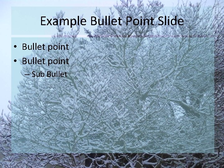 Example Bullet Point Slide • Bullet point – Sub Bullet 