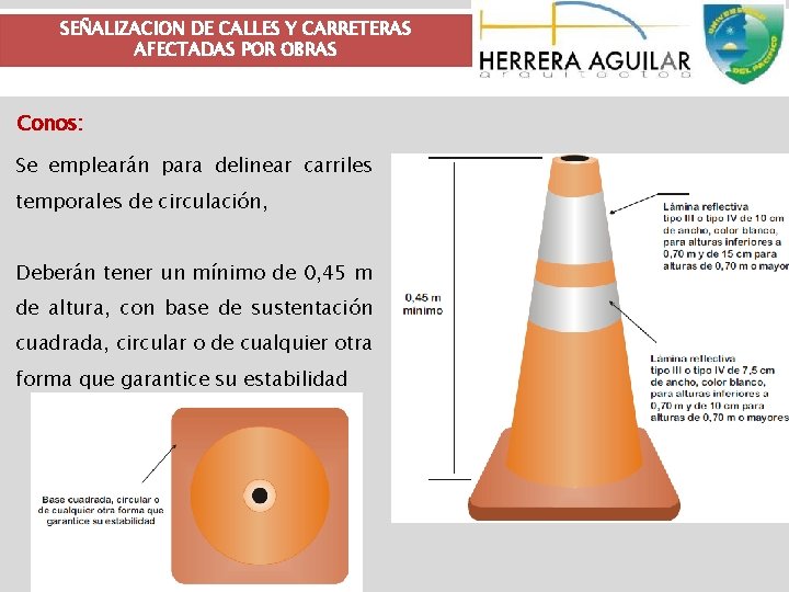 SEÑALIZACION DE CALLES Y CARRETERAS AFECTADAS POR OBRAS Conos: Se emplearán para delinear carriles