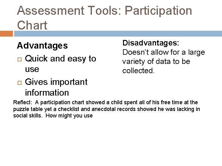 Assessment Tools: Participation Chart Advantages Quick and easy to use Gives important information Disadvantages: