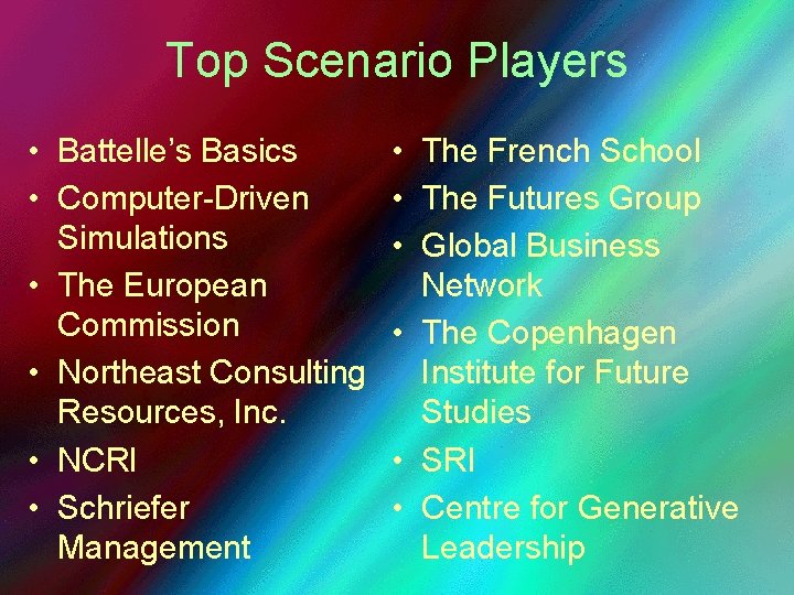Top Scenario Players • Battelle’s Basics • Computer-Driven Simulations • The European Commission •