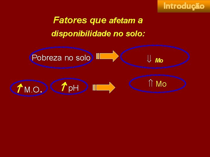 Introdução Fatores que afetam a disponibilidade no solo: Pobreza no solo M. O. p.